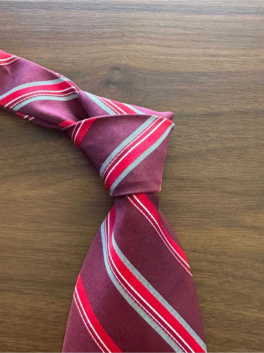 J. Crew Burgundy Tie with Red and Silver Stripes